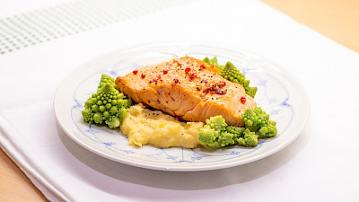 Salmon with Potato Celery Mash and Romanesco