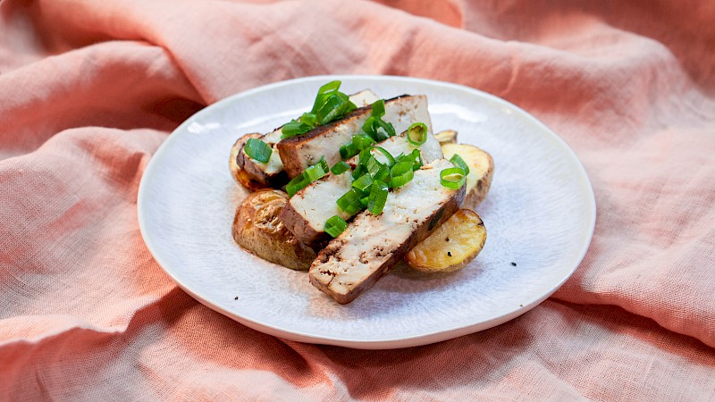 Marinated Tofu on Oven Roasted Potatoes